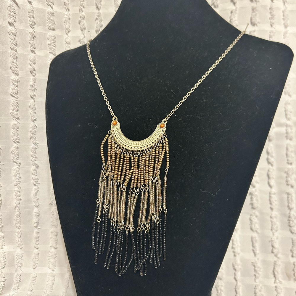 Beaded Tricolor Fringe Necklace